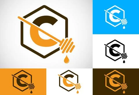 Initial letter C with honeycomb bees logo design vector illustration. Honey.. Stock Illustration