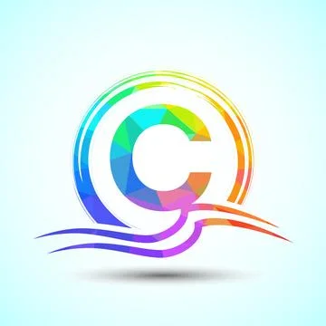Initial letter C with water ocean waves and the sun. Beach logo design concep Stock-Illustration