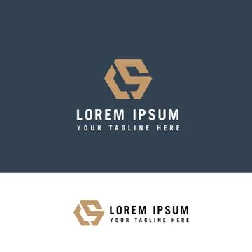 Initial letter CS, minimalist line art monogram hexagon logo, gold color Stock-Illustration