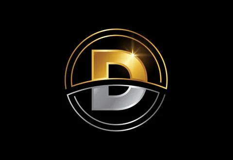 Initial letter D with circle frame. Golden and silver color alphabet symbol.. Stock Illustration