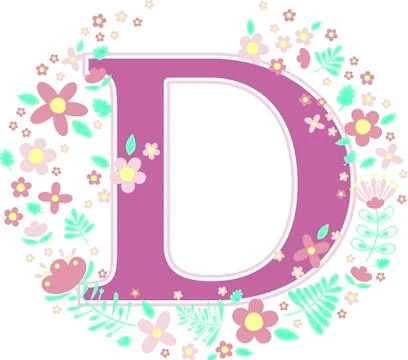 Initial letter d with decorative flowers and design elements isolated on whit Stock Illustration