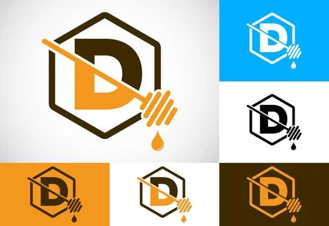 Initial letter D with honeycomb bees logo design vector illustration. Honey.. Stock Illustration