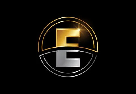 Initial letter E with circle frame. Golden and silver color alphabet symbol.. Stock Illustration