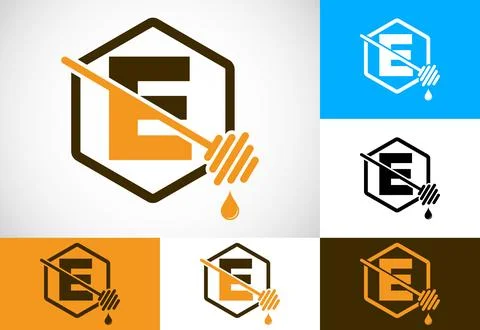 Initial letter E with honeycomb bees logo design vector illustration. Honey.. Stock Illustration
