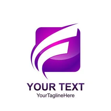 Initial letter F logo template colored purple curved swoosh square design for Stock Illustration