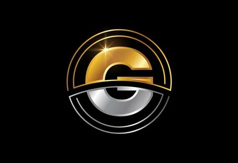 Initial letter G with circle frame. Golden and silver color alphabet symbol.. Stock Illustration