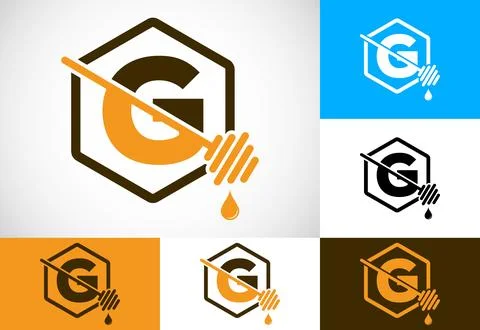 Initial letter G with honeycomb bees logo design vector illustration. Honey.. Stock Illustration