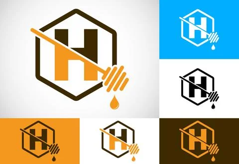 Initial letter H with honeycomb bees logo design vector illustration. Honey.. Stock Illustration