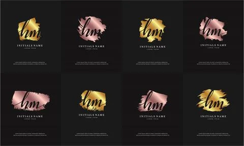 Initial letter HM H M handwriting logo set design template with abstract brus Stock Illustration