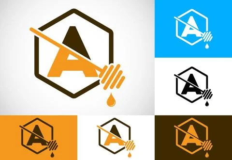 Initial letter A with honeycomb bees logo design vector illustration. Honey.. Stock Illustration