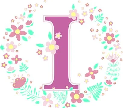 Initial letter i with decorative flowers and design elements isolated on whit Stock Illustration