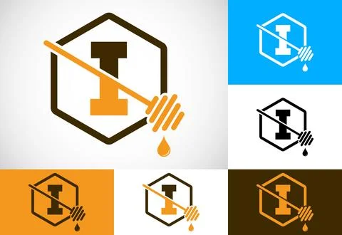 Initial letter I with honeycomb bees logo design vector illustration. Honey.. Stock Illustration