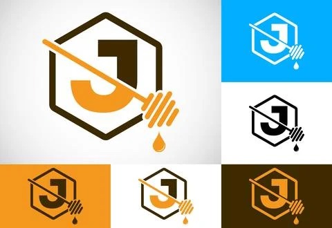 Initial letter J with honeycomb bees logo design vector illustration. Honey.. Stock Illustration