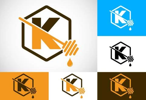 Initial letter K with honeycomb bees logo design vector illustration. Honey.. Stock Illustration