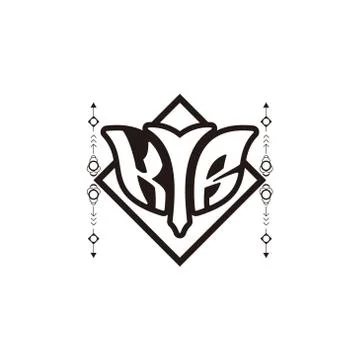 Initial letter K R bow and arrow, white and black, with square decoration. Stock Illustration