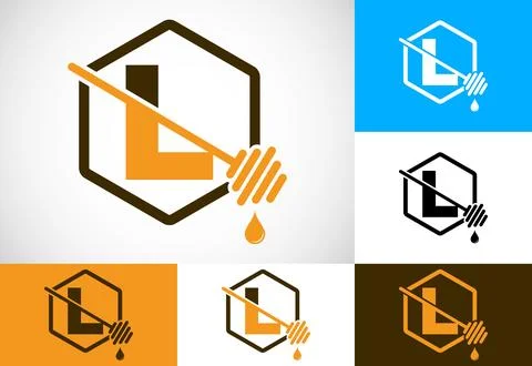 Initial letter L with honeycomb bees logo design vector illustration. Honey.. Stock Illustration