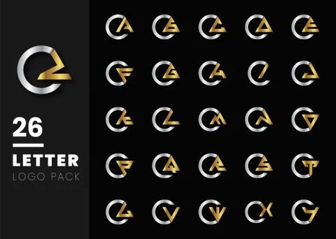 Initial letter logo inside c rounded uppercase gold silver black background.  Illustrazione stock