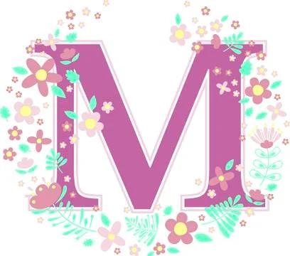 Initial letter m with decorative flowers and design elements isolated on whit Stock Illustration