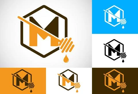 Initial letter M with honeycomb bees logo design vector illustration. Honey.. Stock Illustration