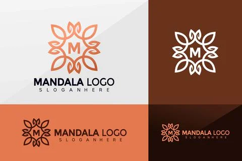 Initial Letter M Mandala logo vector, Minimaliset Elegant Flower logo design, Stock Illustration
