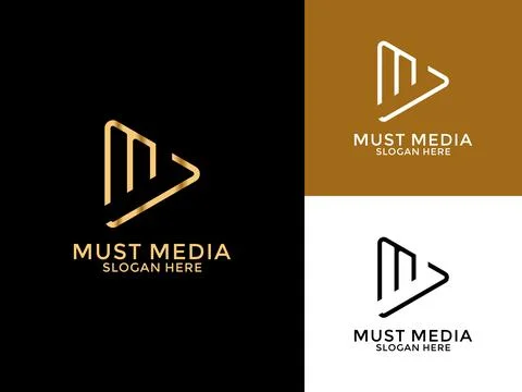 Initial letter M or MM with Media Play vector logo design, Luxury Gold line.. Stock Illustration