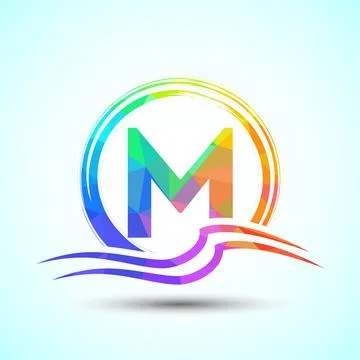 Initial letter M with water ocean waves and the sun. Beach logo design concep 스톡 일러스트