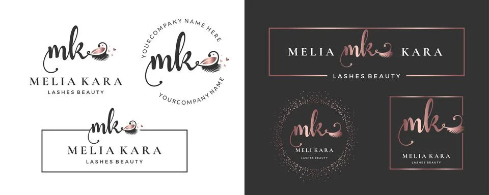 Initial letter MK M lash, Eyebrow, Lashes, eyelash extension logo design coll Stock Illustration