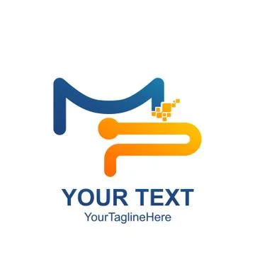 Initial letter MP logo template colored blue yellow digital pixel design for Stock Illustration