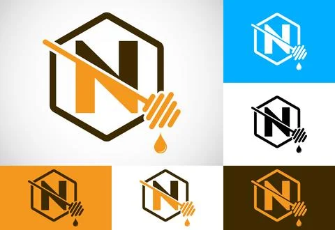 Initial letter N with honeycomb bees logo design vector illustration. Honey.. Stock Illustration