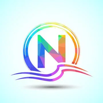 Initial letter N with water ocean waves and the sun. Beach logo design concep Stock Illustration