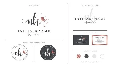 Initial letter NH N H handwriting logo design with bird and leaf Stock Illustration