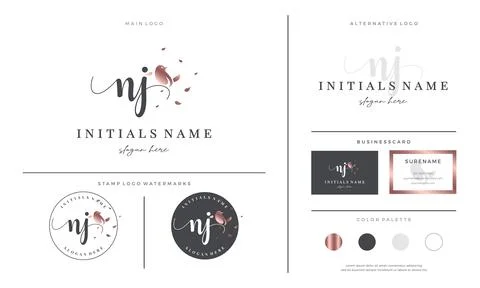 Initial letter NJ N J handwriting logo design with bird and leaf Stock Illustration