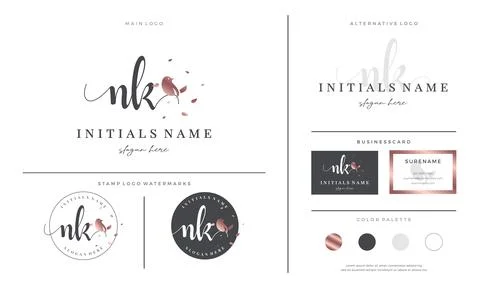 Initial letter NK N K handwriting logo design with bird and leaf Stock Illustration