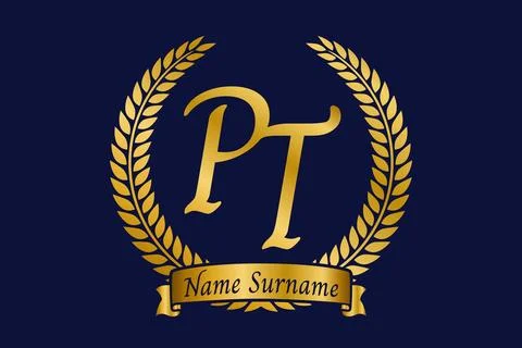 Initial letter P and T, PT monogram logo design with laurel wreath. Luxury .. Ilustración de archivo