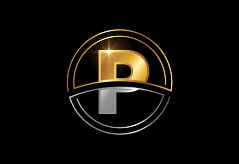 Initial letter P with circle frame. Golden and silver color alphabet symbol.. Stock Illustration