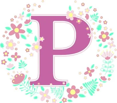 Initial letter p with decorative flowers and design elements isolated on whit Stock Illustration