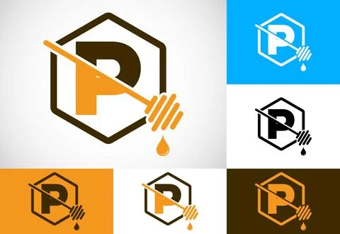 Initial letter P with honeycomb bees logo design vector illustration. Honey.. Stock Illustration
