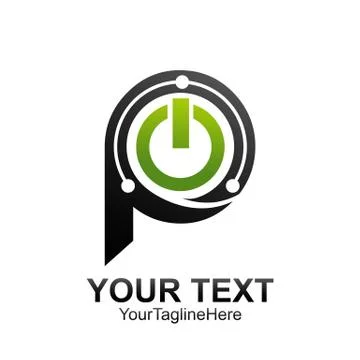 Initial letter P logo template colored black green power button design for bu Stock Illustration