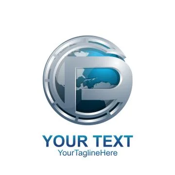 Initial letter P logo template colored silver blue circle globe world design  Stock Illustration