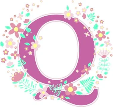 Initial letter q with decorative flowers and design elements isolated on whit Stock Illustration