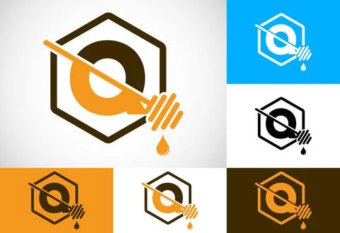 Initial letter Q with honeycomb bees logo design vector illustration. Honey.. Stock Illustration