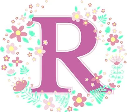 Initial letter r with decorative flowers and design elements isolated on whit Stock Illustration