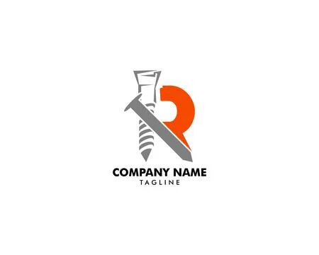 Initial Letter R with Screw and Nail Vector Logo Template Design Element Illustrazione stock