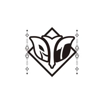 Initial letter R T bow and arrow, white and black, with square decoration. Stock Illustration