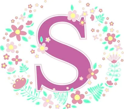 Initial letter s with decorative flowers and design elements isolated on whit Stock Illustration