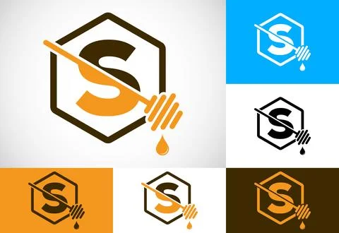 Initial letter S with honeycomb bees logo design vector illustration. Honey.. Stock Illustration