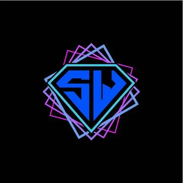 Initial letter S W with diamond design and square ornament as decoration Stock Illustration