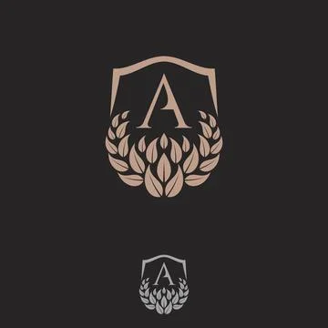 Initial A letter with shield and leaf ornament Stock Illustration