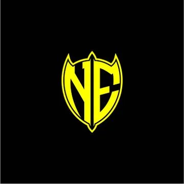 The initial letter of the shield logo N E is yellow. Stock Illustration