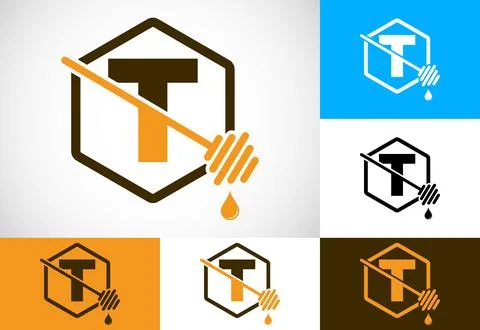 Initial letter T with honeycomb bees logo design vector illustration. Honey.. Stock Illustration